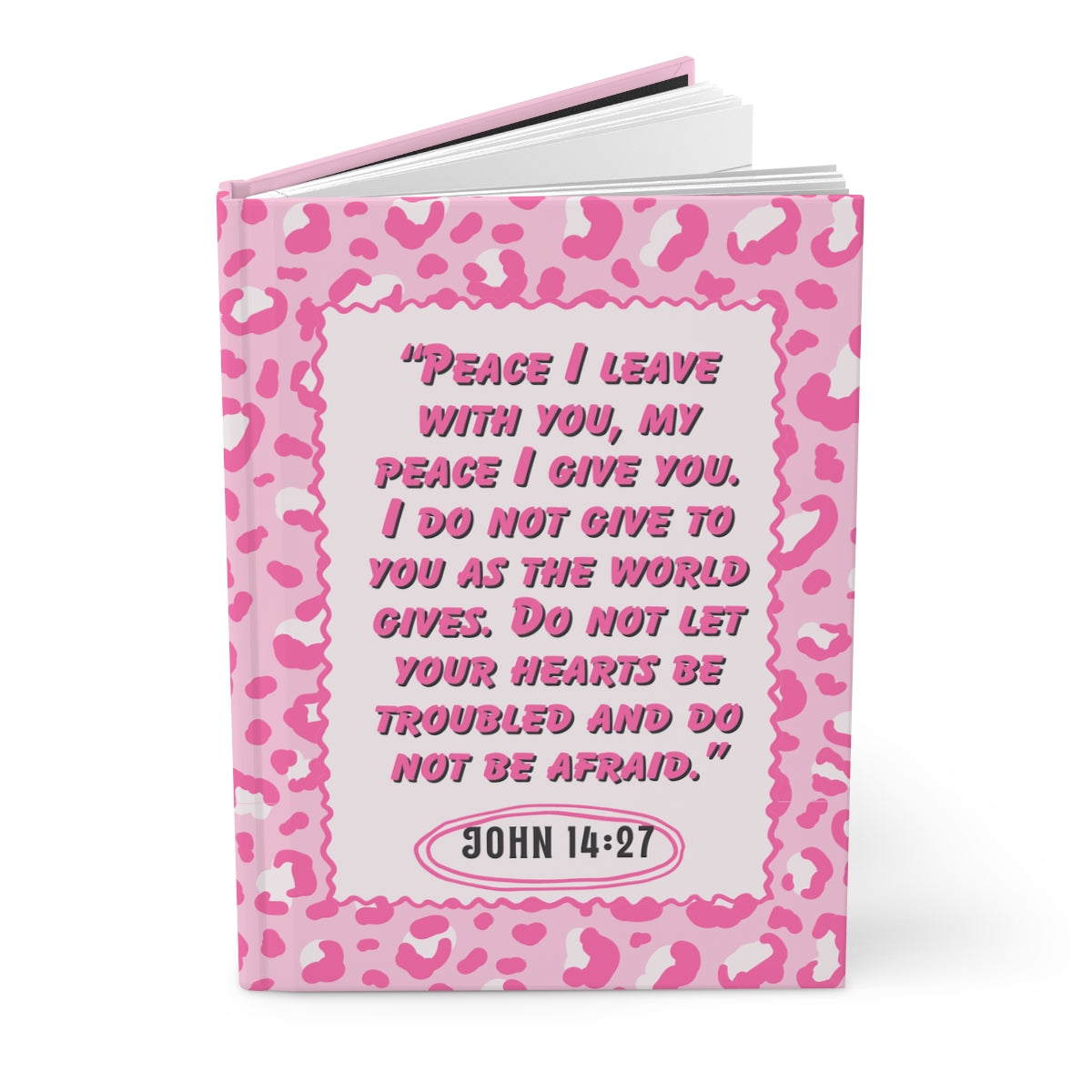 John 14:27 journal with pink leopard print cover and inspirational quote on peace and reassurance.
