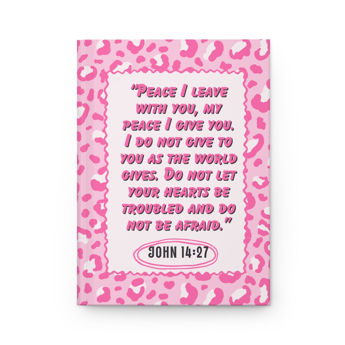 John 14:27 journal with pink leopard print cover featuring a peace quote.