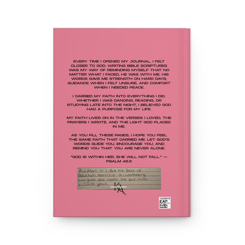 Peace Journal in pink with inspirational text and a handwritten note on the cover.
