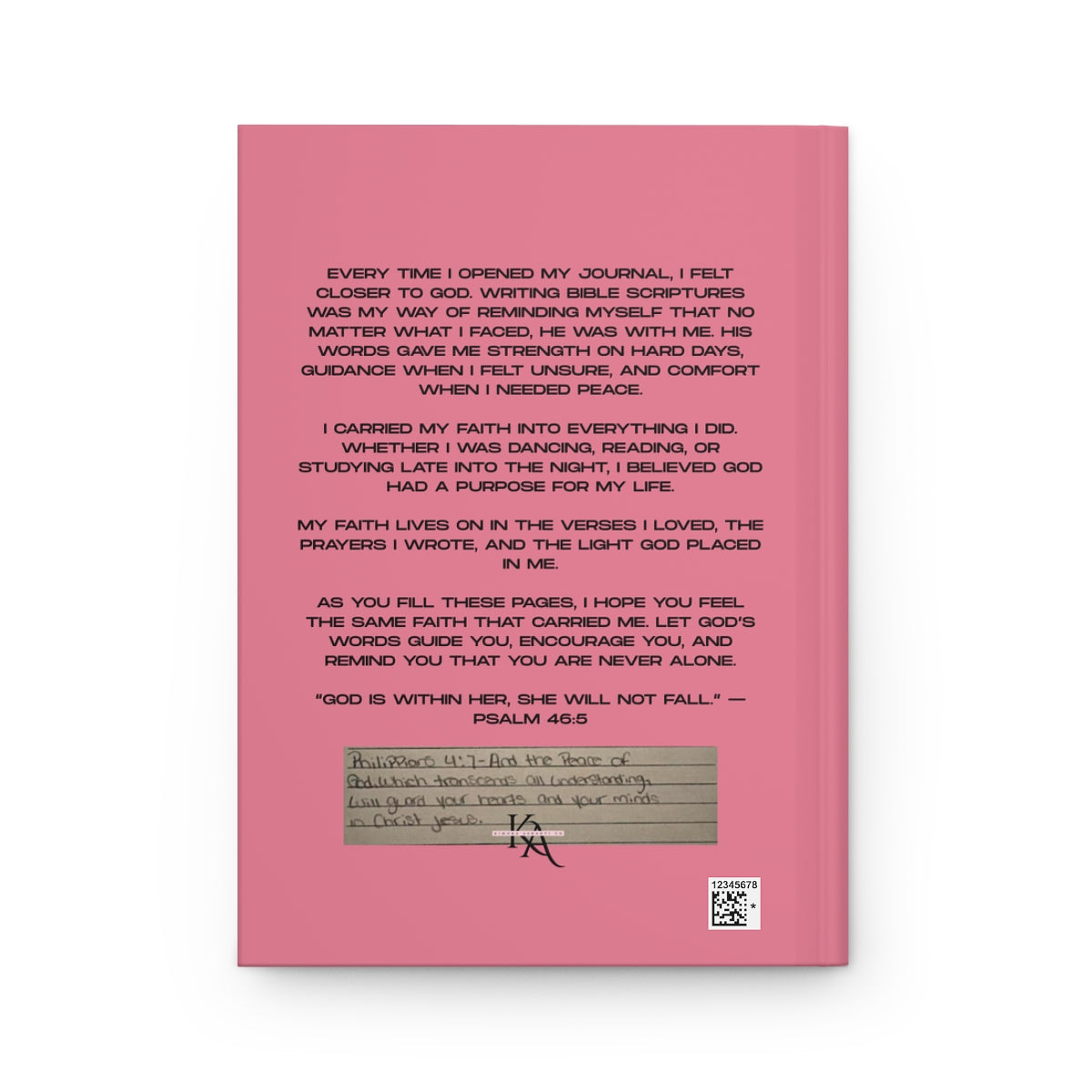Peace Journal in pink with inspirational text and a handwritten note on the cover.